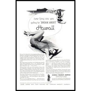 1934 Hawaii Tourist Bureau Vintage Print Ad Woman Beach Hawaiian Vacation Art
